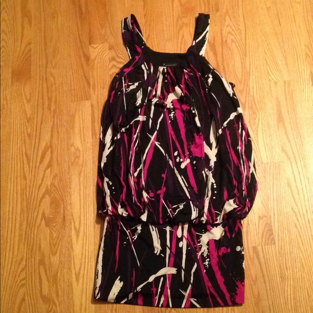 Multi-colored paint splattered patterned dress